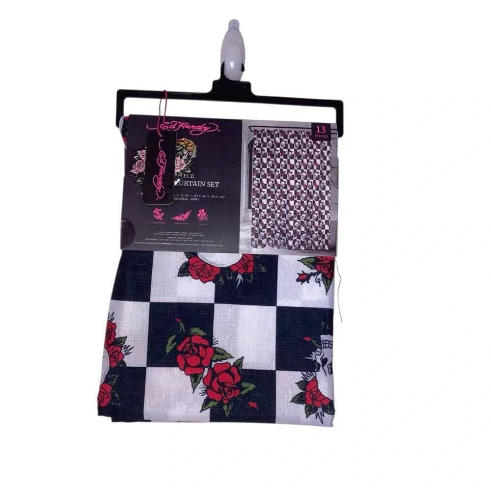 Ed Hardy Black & White Checkerboard Shower Curtain with Red Roses NEW